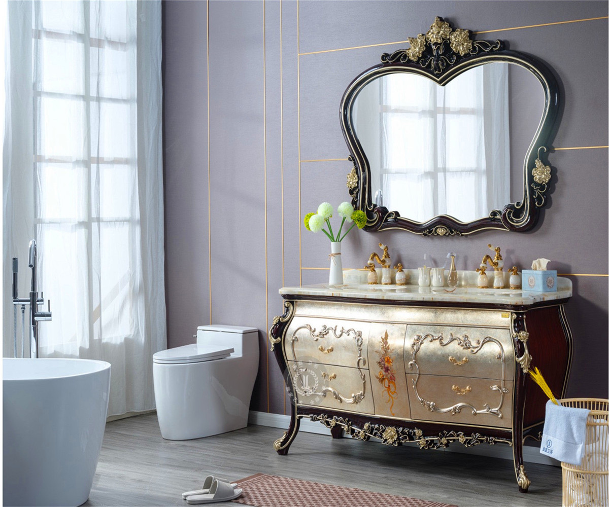 欧式浴室柜红橡木卫生间落地实木洗漱台洗脸盆玉石台面浴柜组合