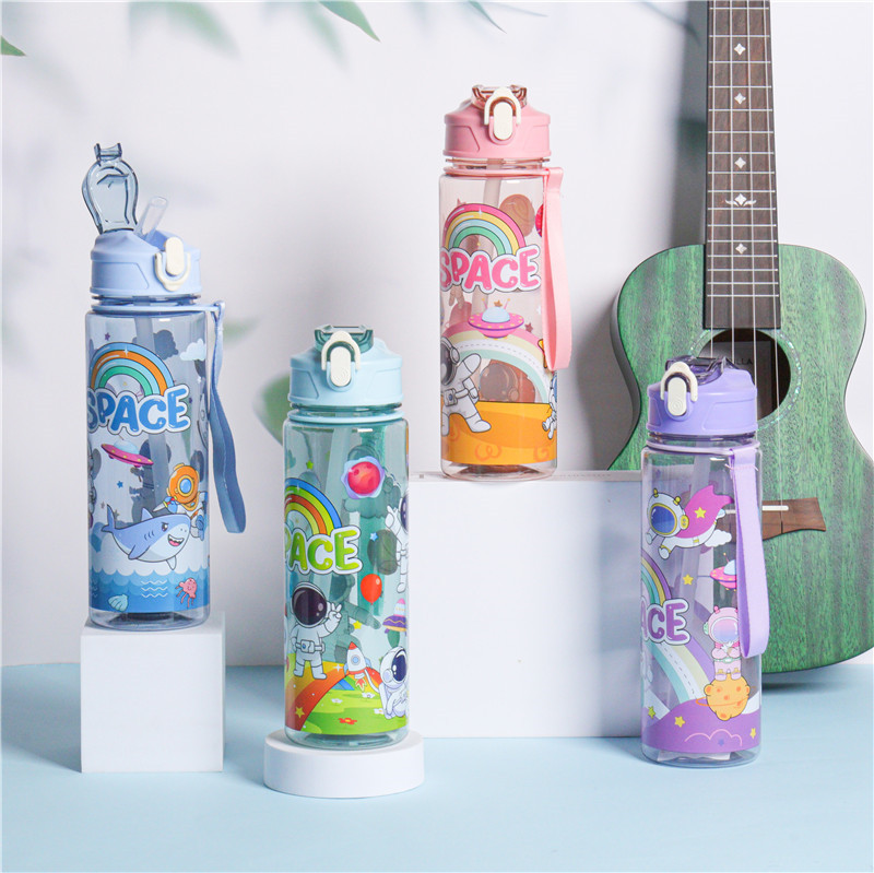 Cartoon Spaceman Matte Water Cup Bounce Cover Tape Handle Rope Outdoor Portable Space Bottle