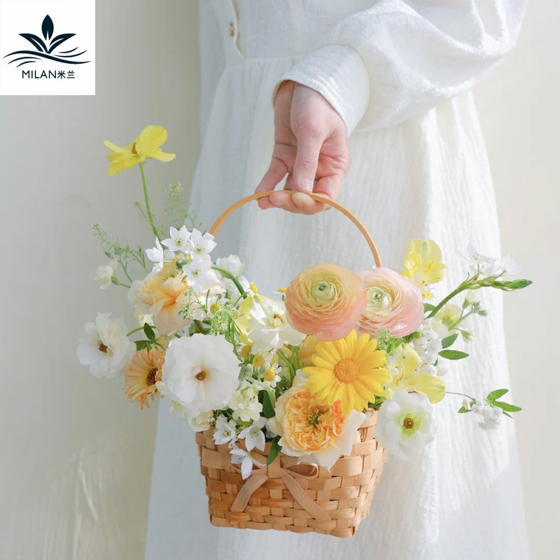 米兰新品女神节蝴蝶结手提花篮田园风韩式木片编织篮花艺插花材料