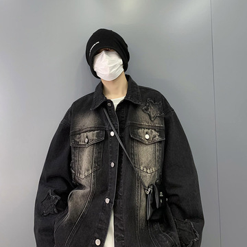 五角星毛边牛仔外套男春季宽松高街潮牌上衣ins潮流工装休闲夹克