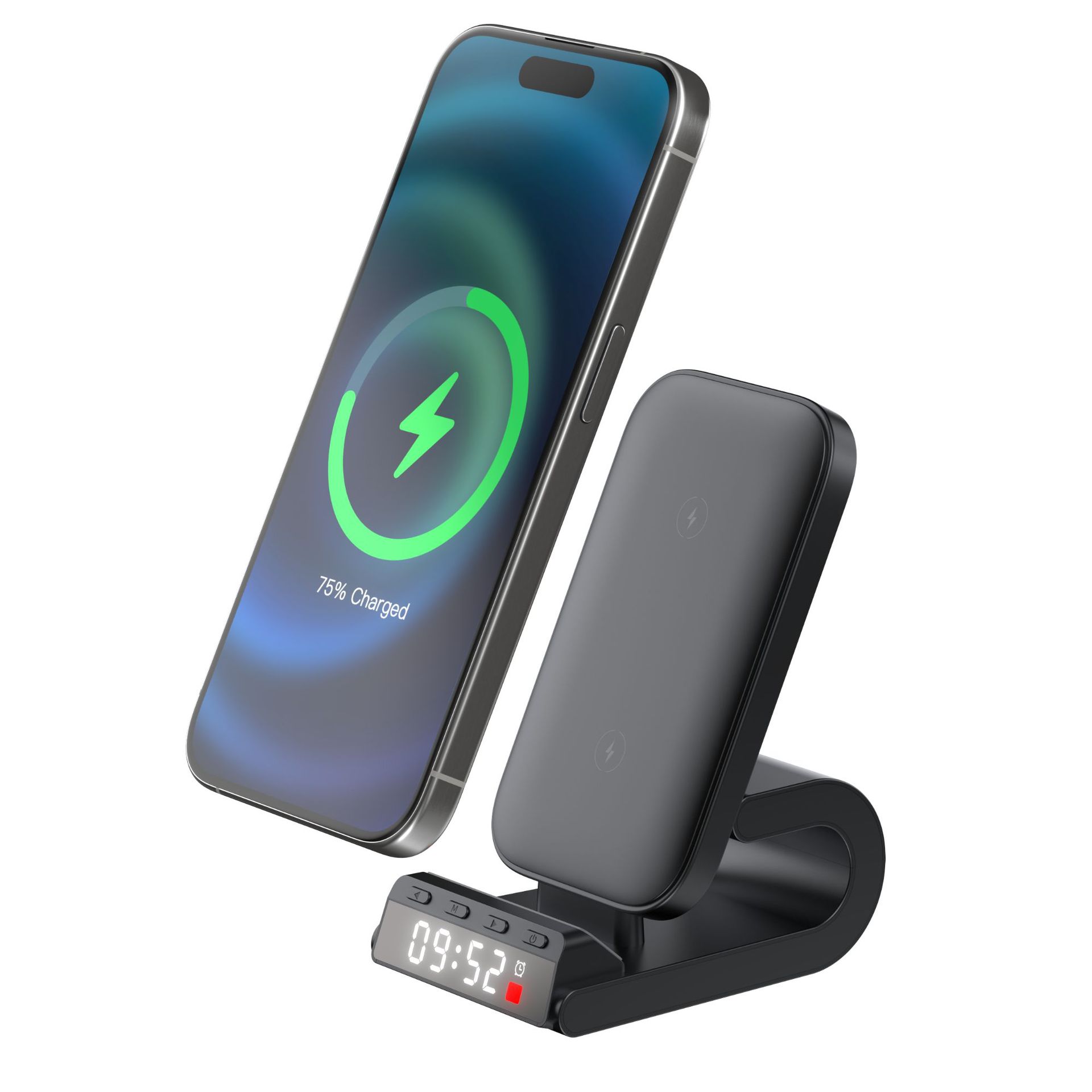 爆款桌面立式温度计闹钟时钟无线快充双线圈手机支架无线充电器