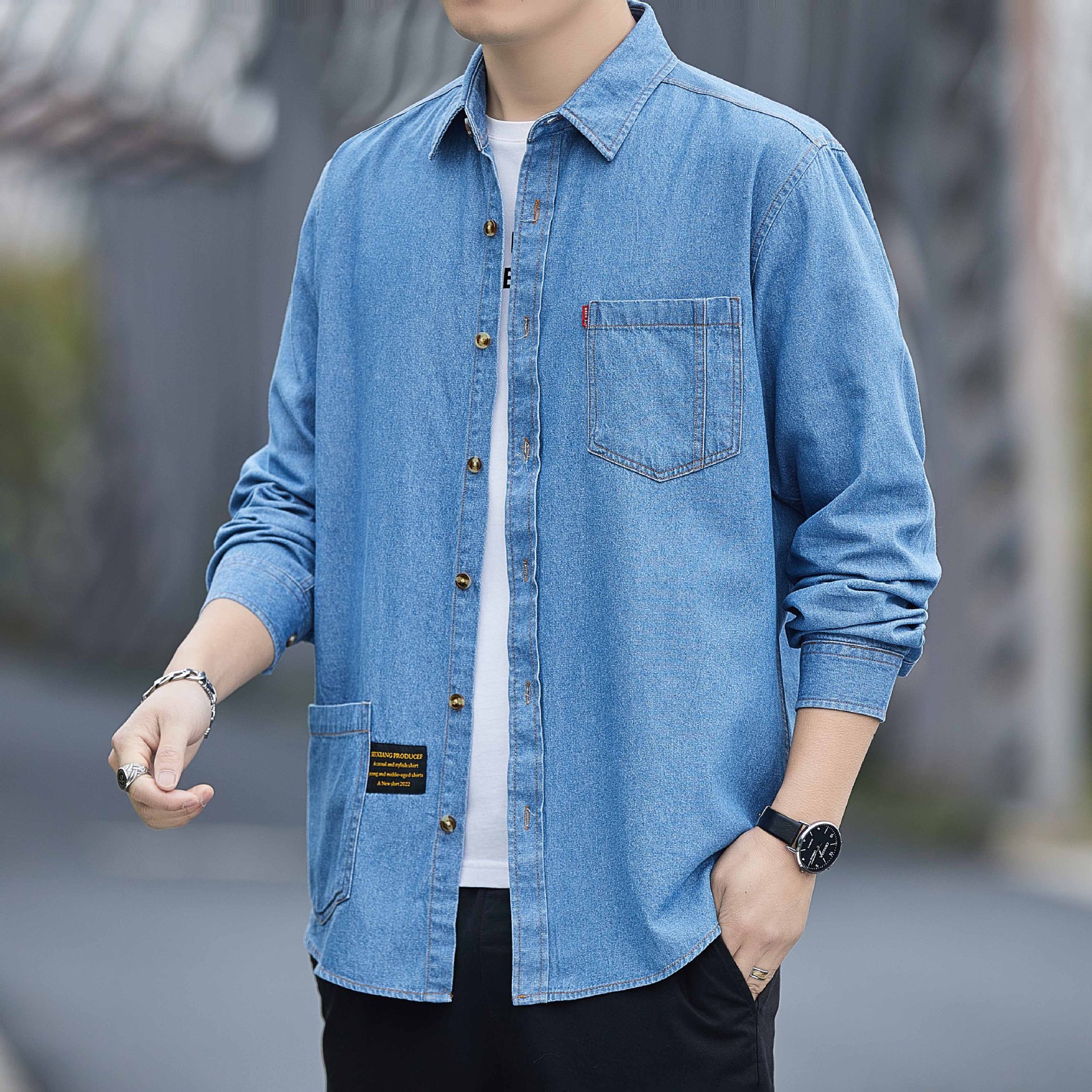 春秋季新款棉牛仔长袖衬衫男款休闲棉衬衣外套宽松男装批发潮