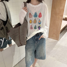 黎诺夏季新款慵懒风卡通装饰长袖T恤女2025宽松显瘦防晒罩衫上衣