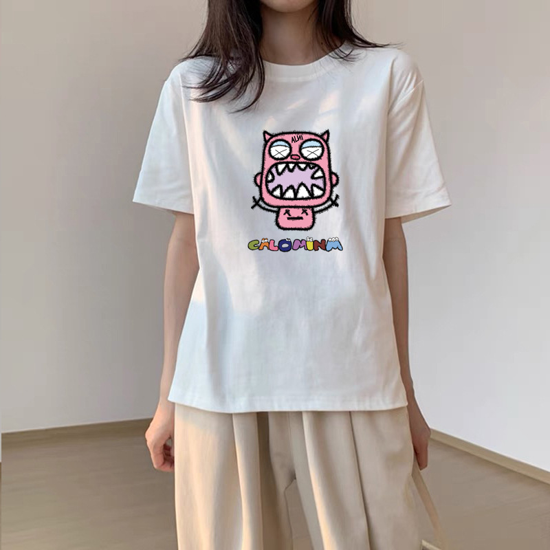 Spring and Summer Heavy Cotton Short-Sleeved T-shirt Women's Simple Loose Popular Inner Wear Blouse Fashion Brand Printing Half-Sleeved T-shirt Wholesale Women Clothes