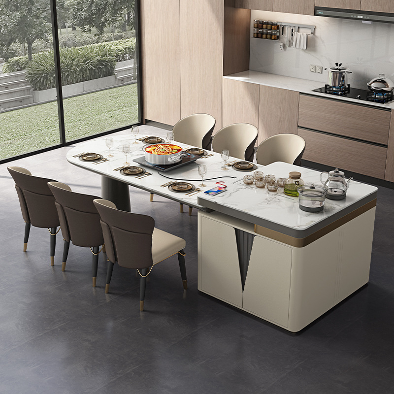 岩板岛台餐桌一体餐椅组合轻奢开放式厨房茶台半圆饭桌可伸缩两用