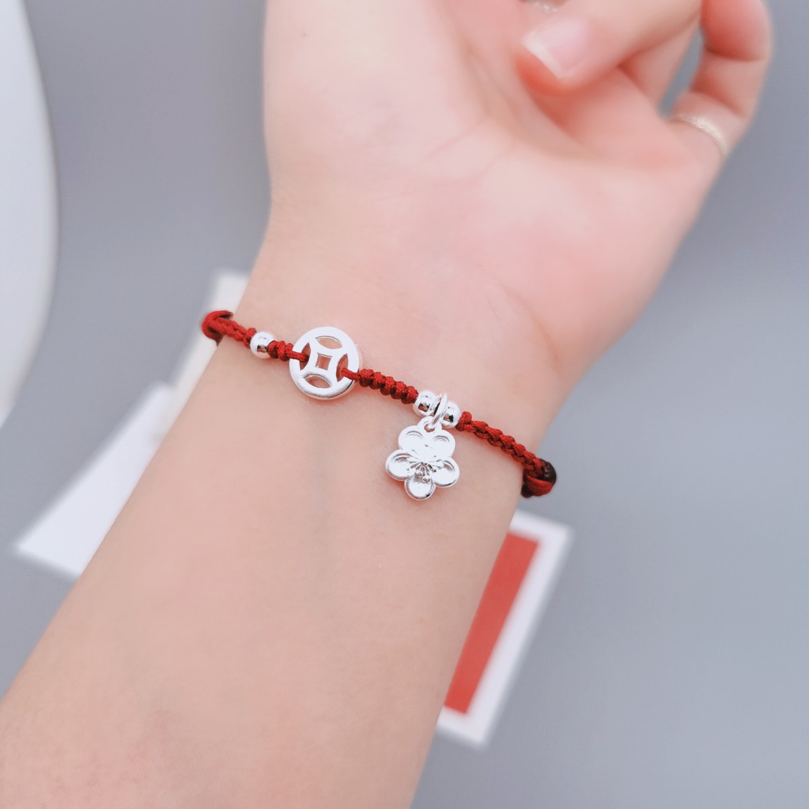 3d硬银999精品配件铜钱有钱花转运珠手工编织手链脚链简约款礼物