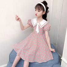 女童夏季连衣裙2024新款儿童洋气女孩海军领韩版网红格子裙潮