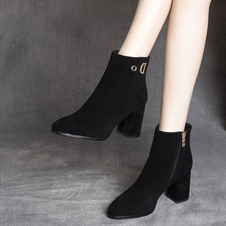 磨砂皮短靴女202年新款粗跟马丁靴女冬加绒英伦风中跟女靴子