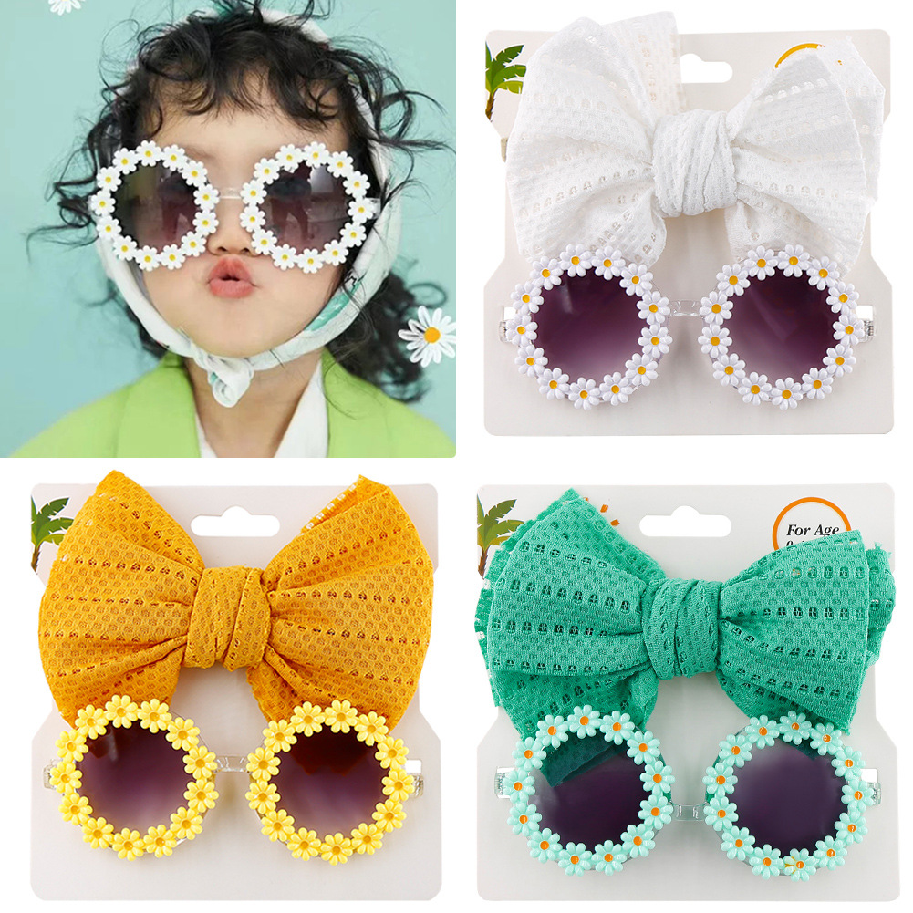 Children's Sunglasses Headband Set Baby Daisy Cartoon Toy Sunflower Sunshade Glasses Solid Color Hollow Hair Band