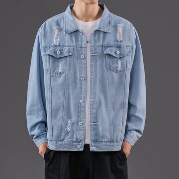 跨境男士外套新款纯色男士牛仔夹克男时尚破洞牛仔衣外套男批发