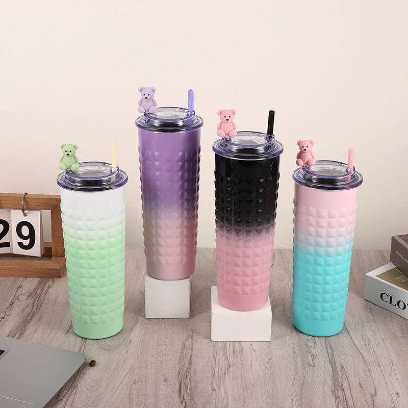 Cross-Border Gradient Color Stainless Steel Thermos Cup Durian Cup Cartoon Children's Straw Cup Transparency Cover Coffee Cup Tumbler