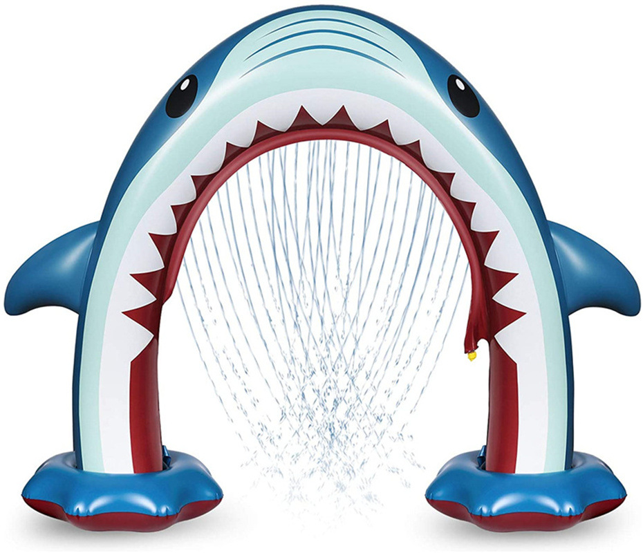 定制户外pvc充气喷水鲨鱼拱门大白鲨洒水架彩虹拱门戏水玩具