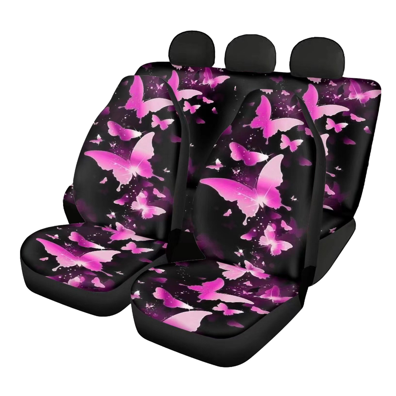 7件套通用汽车座椅套数码印花粉色蝴蝶冰丝面料跨境外贸专供