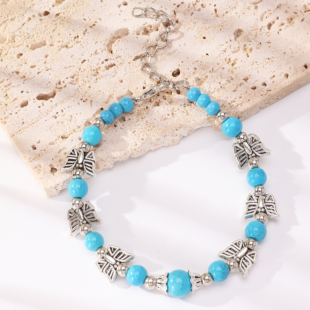 Beads Vintage Ethnic Style Antique Silver Butterfly Plum Bracelet Creative Handmade Beads Turquoise Bracelet for Women