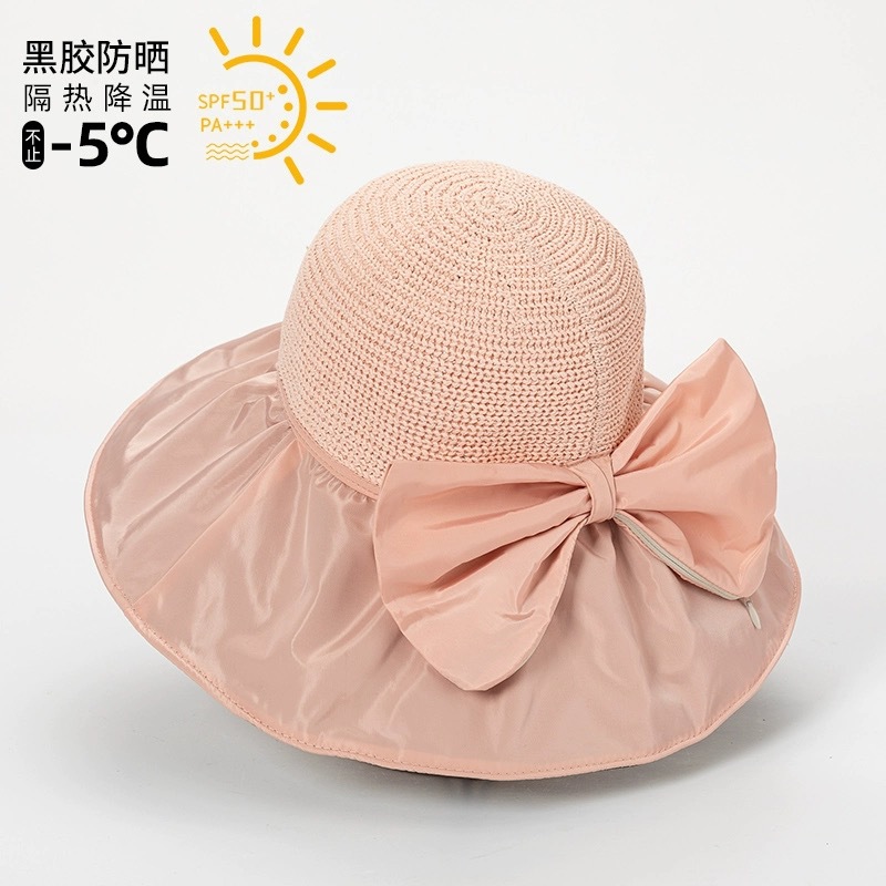 Foldable Vinyl Bucket Hat Face Cover Sun-Proof Sun Hat Uv Protection Sun Hat Female Bow Big Brim Hat