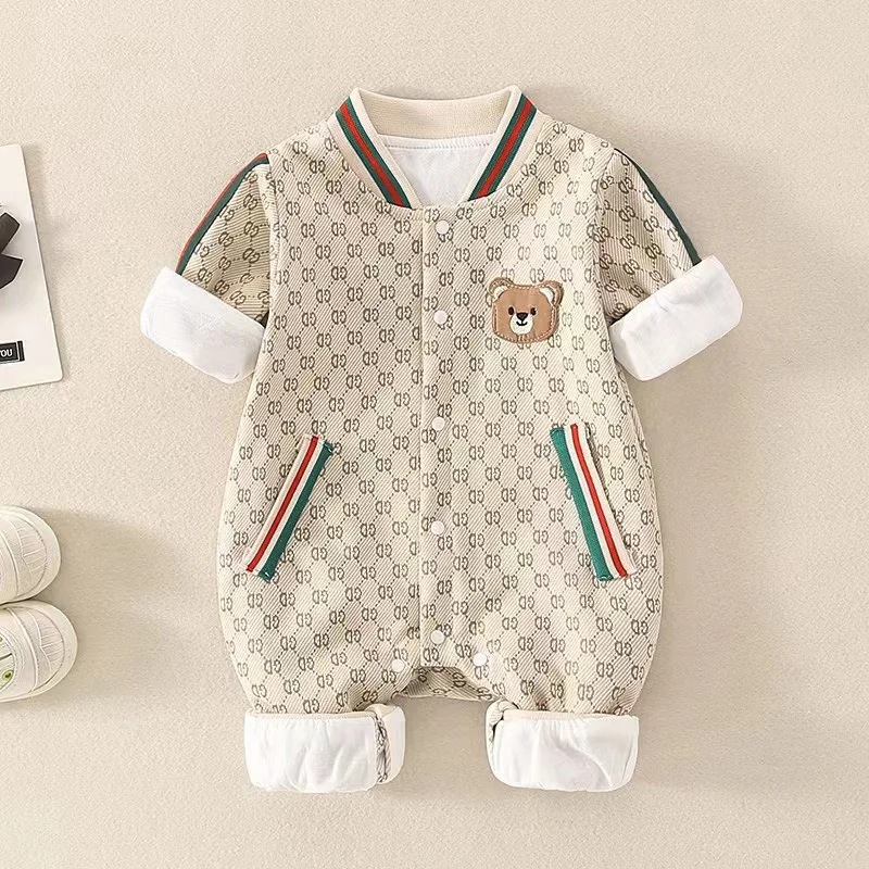 Baby Spring and Autumn Fashion One-Piece Romper Trendy Plaid Men and Women Baby One-Piece Double-Layer Bear Western Style Outwear Romper Baby Clothes