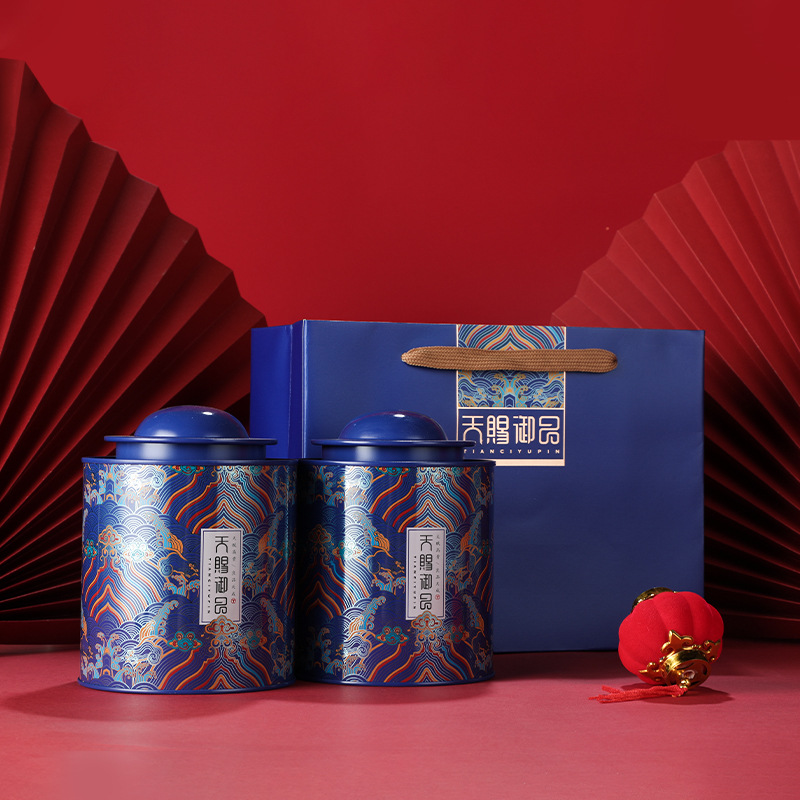 新款创意圆罐红蓝茶叶包装礼盒套装 圆形马口铁罐 金属密封包装罐