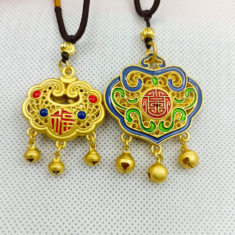 古法国潮祥云长命锁吊坠福字款珐琅平安如意锁沙金项链首饰批发