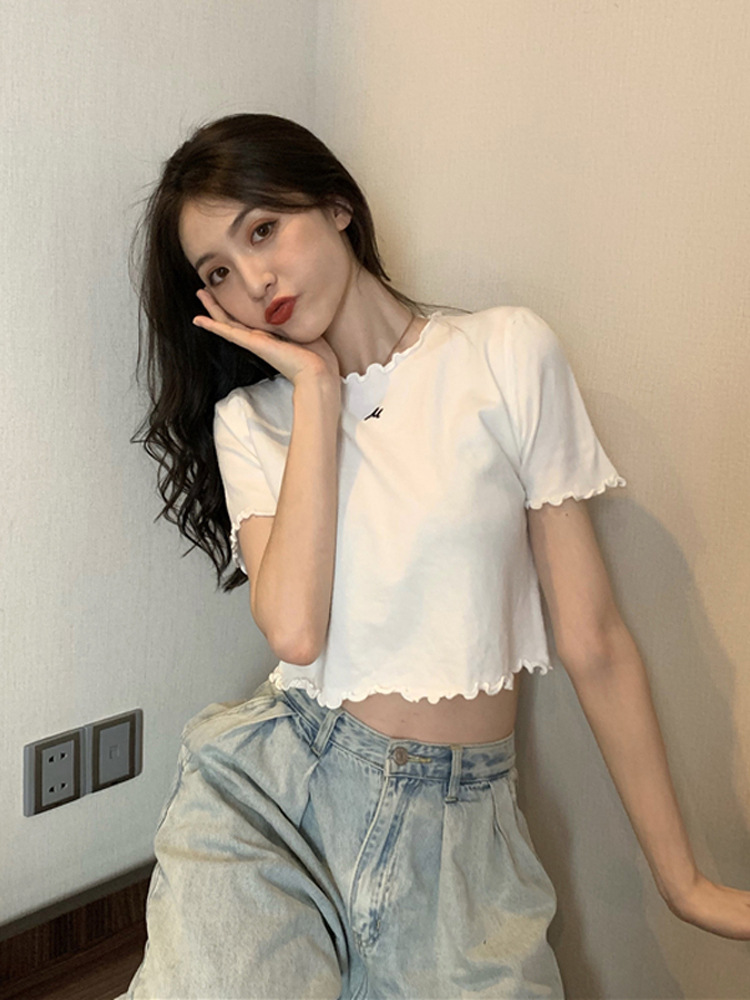 夏季修身显瘦木耳边短袖t恤女高腰短款露肚脐上衣薄款打底衫女装