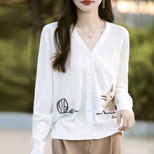 2025年春季新款精纺羊毛蚕丝V领针织开衫刺绣小猫宽松百搭上衣女