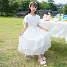 女童韩版洋气连衣裙新款短袖公主裙中大童网红雪纺泡泡袖连衣裙