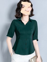 大码女装2024夏季新款韩版v领收腰上衣显瘦洋气裙摆短袖雪纺衬衫