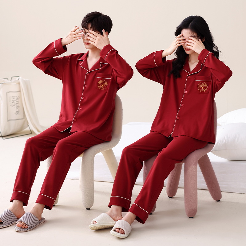 Industrial Big Red Cotton Pajamas Women's Long-Sleeved Spring and Autumn Couple's Wedding Year Pajamas Men's Autumn and Winter Suit