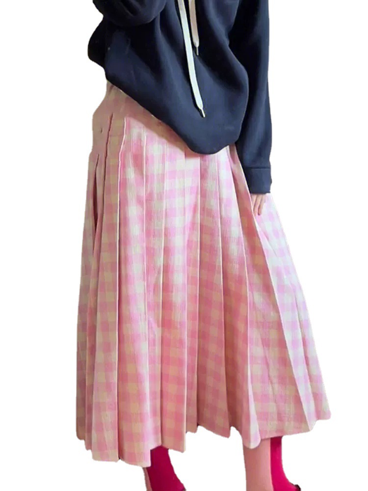 Pink Girl Plaid Pleated Skirt Female 2023 Spring New Skirt Long Women's Clothing Clothing