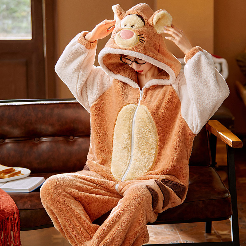 连体睡衣女秋冬季珊瑚绒卡通可爱加厚加绒法兰绒保暖连体衣家居服