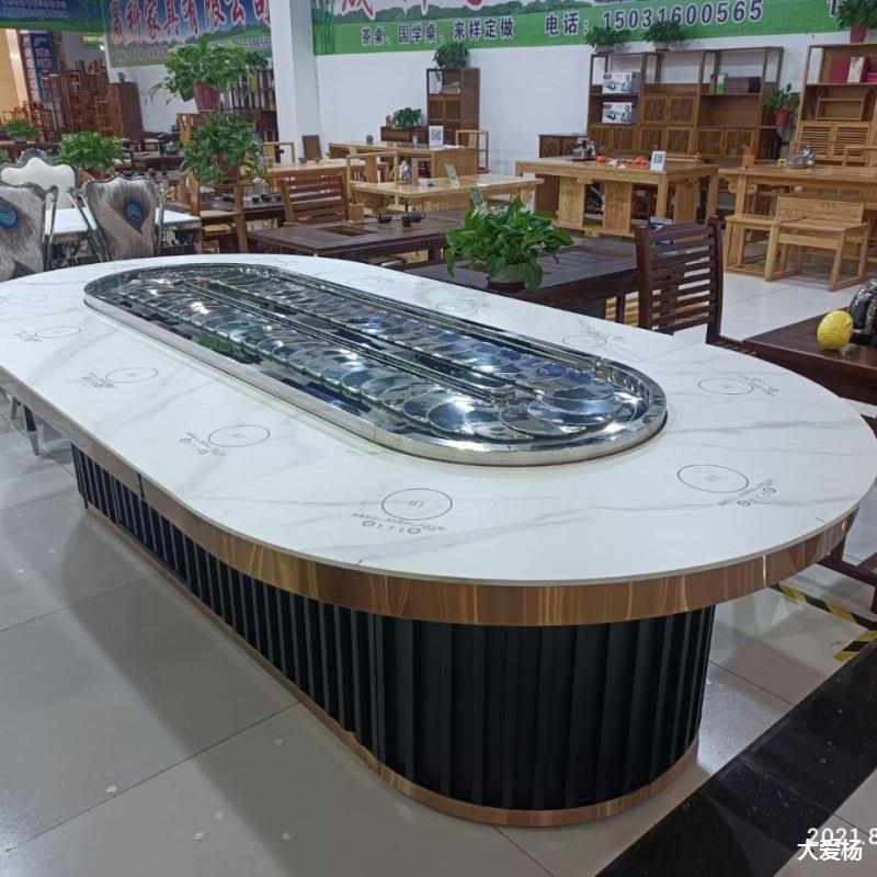 椭圆传送带回旋旋转长条形长方形电动发大餐桌酒店饭店包间餐桌椅
