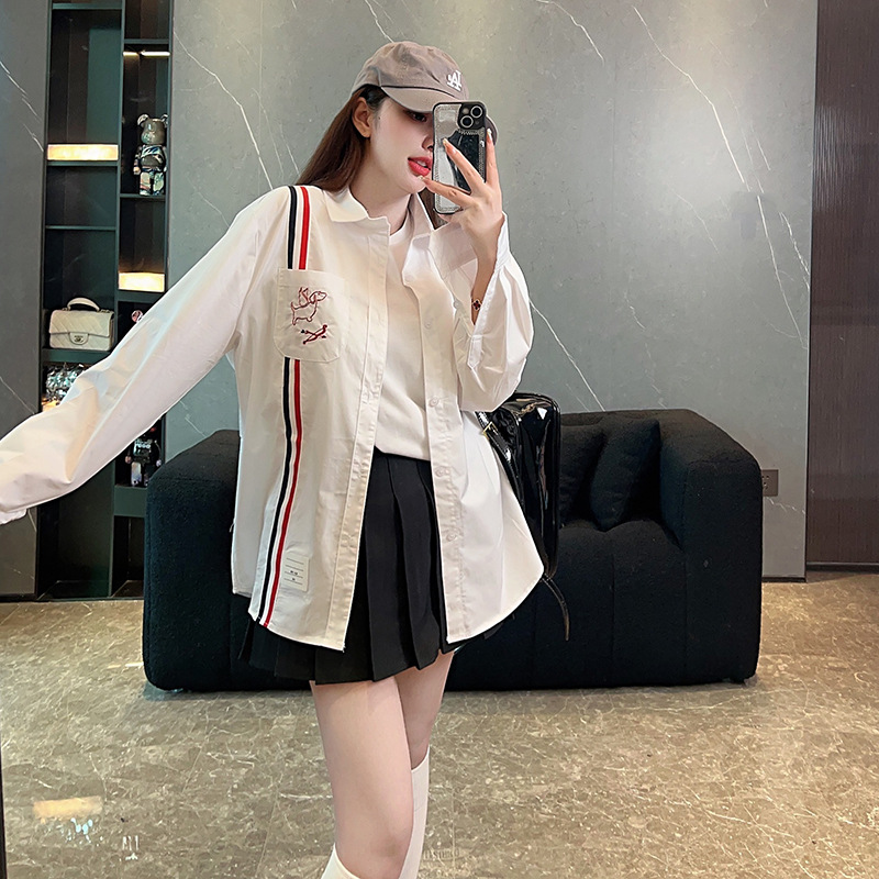 tb学院风侧边织带拼接翻领长袖衬衫女 ins天使狗狗刺绣单口袋上衣