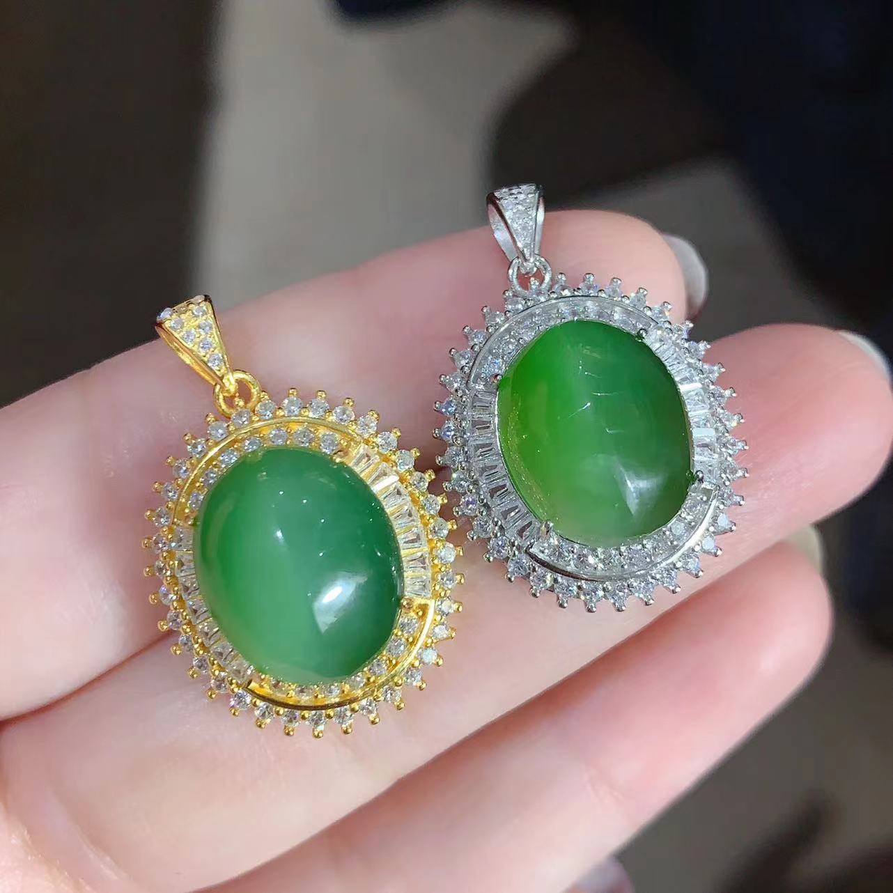 坤爱珠宝新款吊坠925银镶嵌天然碧玉猫眼豪华款大尺寸可做毛衣链