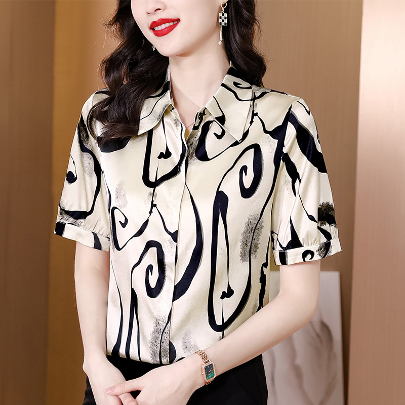 重磅真丝衬衫女士夏季新款中年妈妈印花短袖洋气质翻领桑蚕丝上衣
