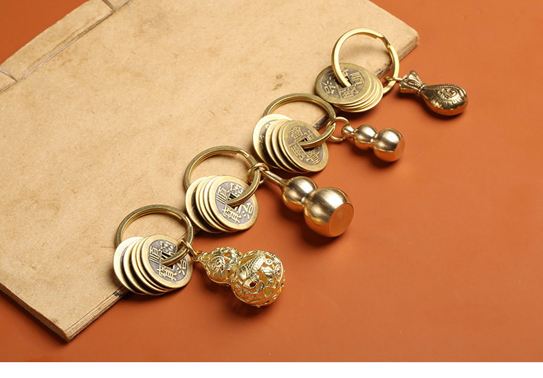 纯铜五帝钱真铜黄铜葫芦钥匙扣饰品随身携带招财铜钱挂件厂家批发