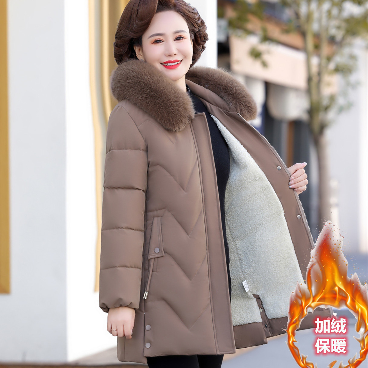 妈妈冬装中长款洋气棉衣外套2022新款中年羽绒棉服中老年女厚棉袄