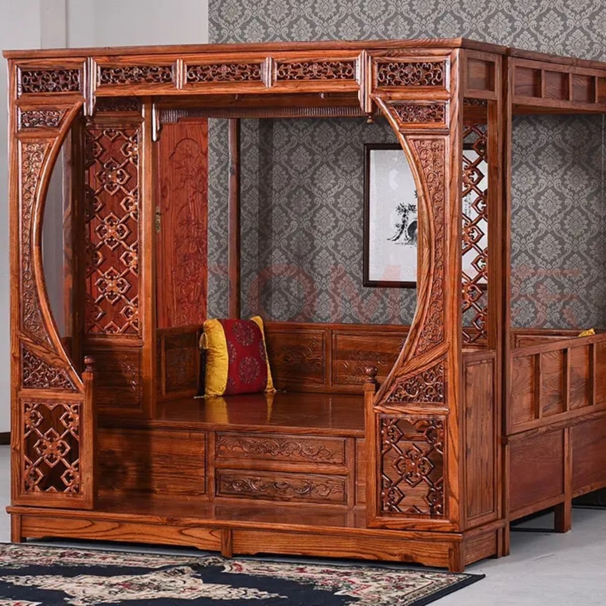 浙江东阳红木床月亮床洞床千工拔步床踏步架子床中式大床架子加宽