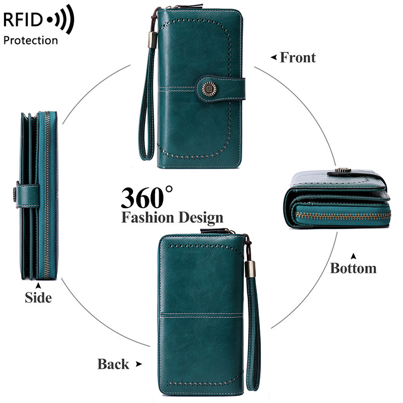 Cross-Border Hot Selling Rfid Anti-Magnetic Wallet Long Zipper Lady's Wallet Wallet European and American New Large-Capacity Handbag