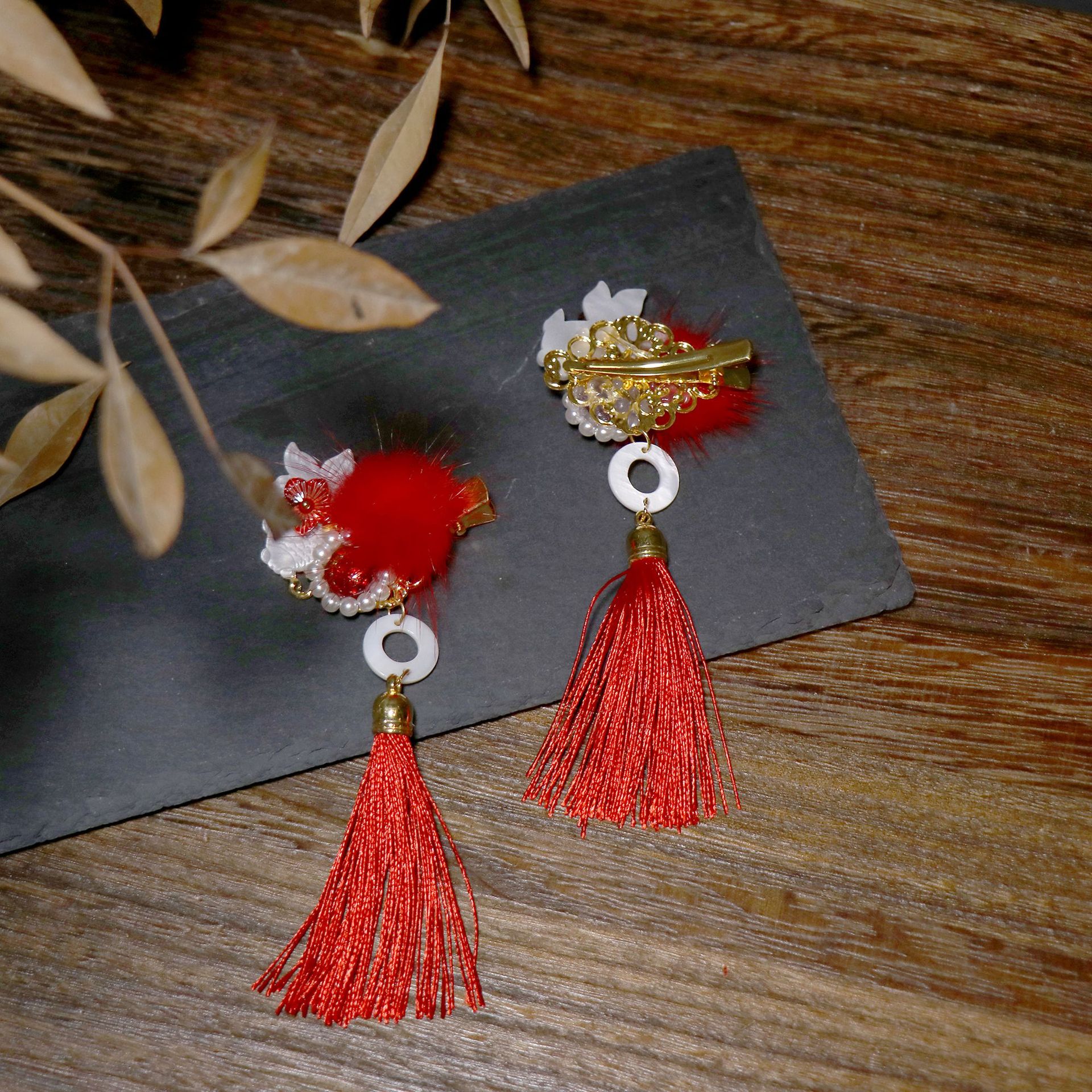 贰玥新品貂毛流苏发夹 大红金鱼汉服发饰头饰儿童对夹【锦鲤】