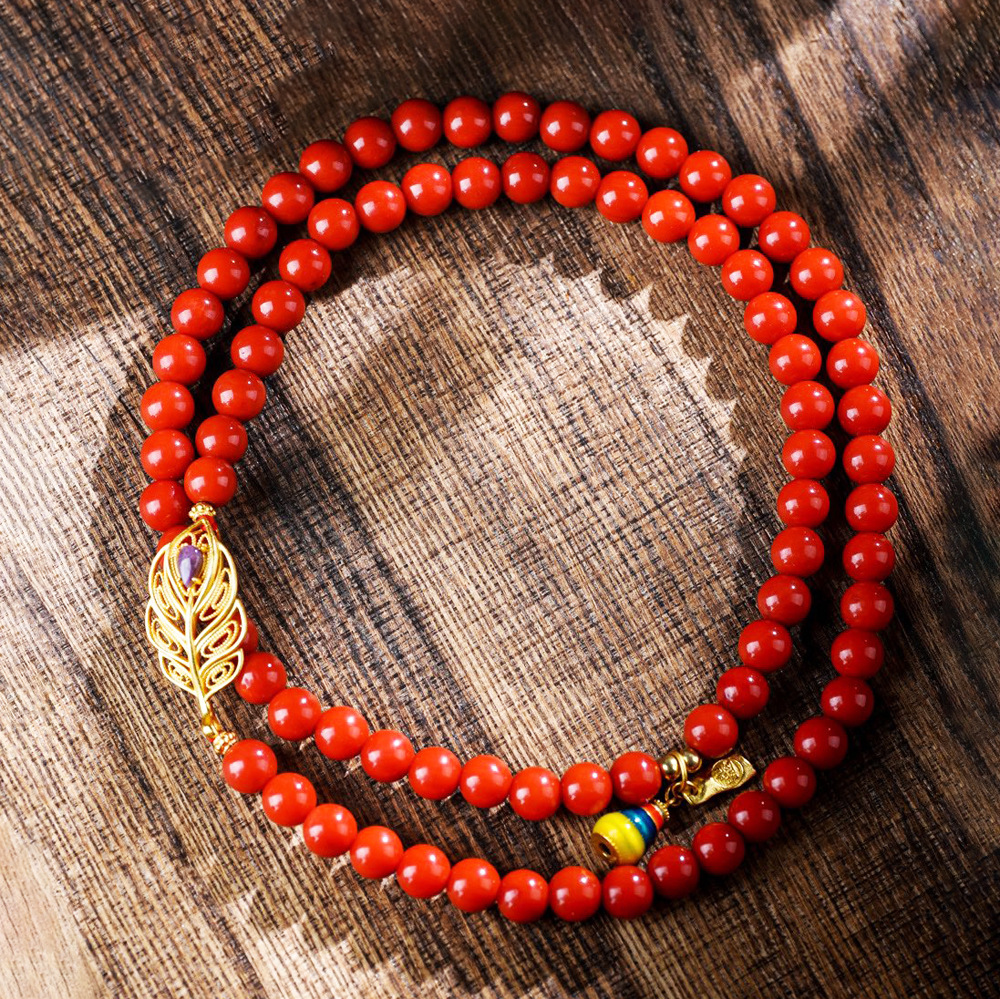 男女本命年红色双圈手串金羽烧琅葫芦吊坠项链天然有机宝石红手链-阿