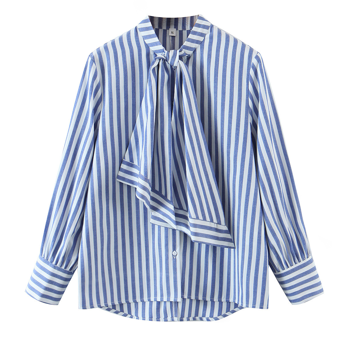 2022欧美风春女装新款系带蓝白条纹衬衫 5409