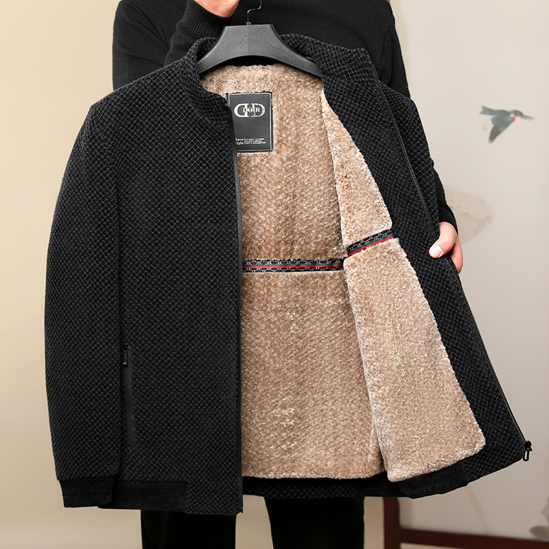 爸爸外套秋冬款加绒加厚男士中年雪尼尔夹克立领中老年人爷爷冬装