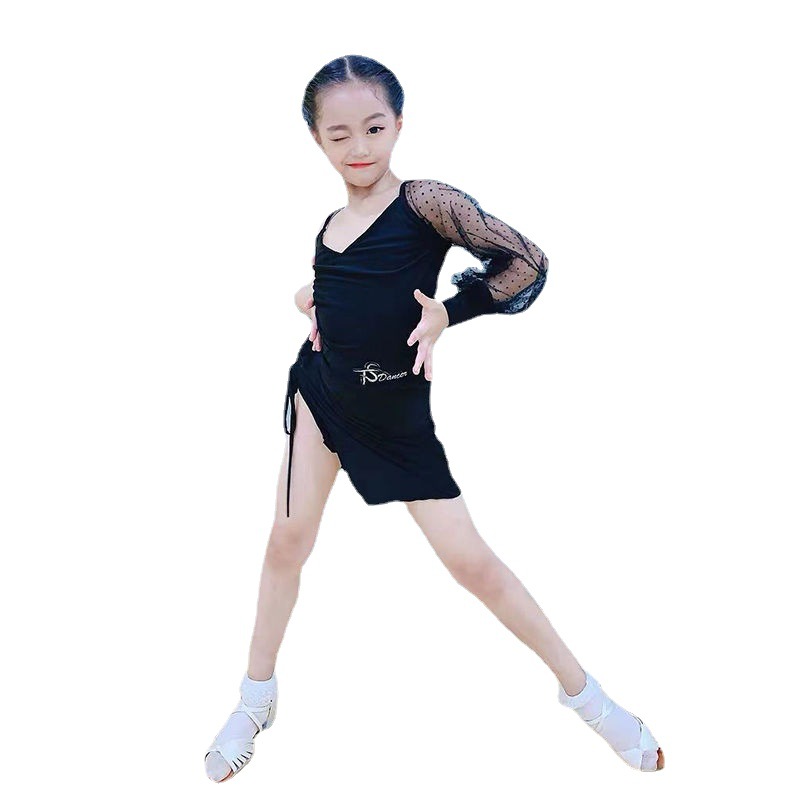 夏季舞蹈服新款拉丁舞服女儿童练功服少儿表演舞蹈黑色冰丝单袖