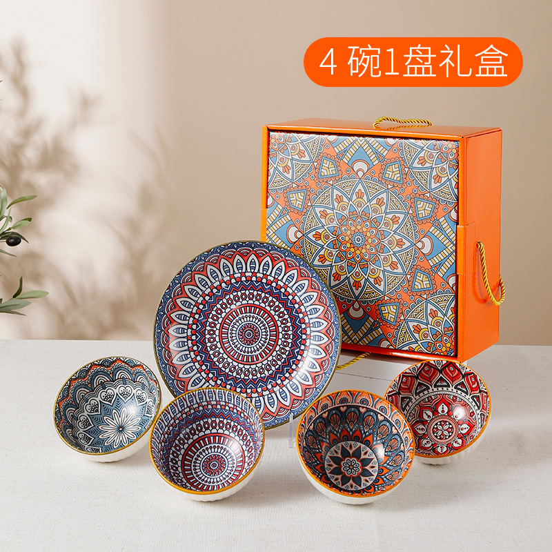 Bohemian Style Ceramic Bowl Plate Spoon Cutlery Gift Box Movable Hand Mixing Gift Ceramic Tableware