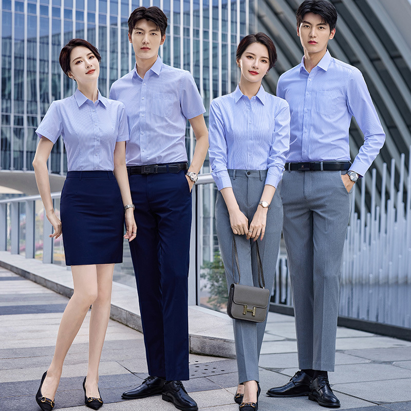 蓝色条纹职业衬衫长短袖春夏男女同款正装套装售楼部工作服绣logo