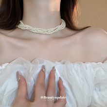 简约多层珍珠串珠项链法式复古设计感锁骨链小众时尚优雅项饰批发