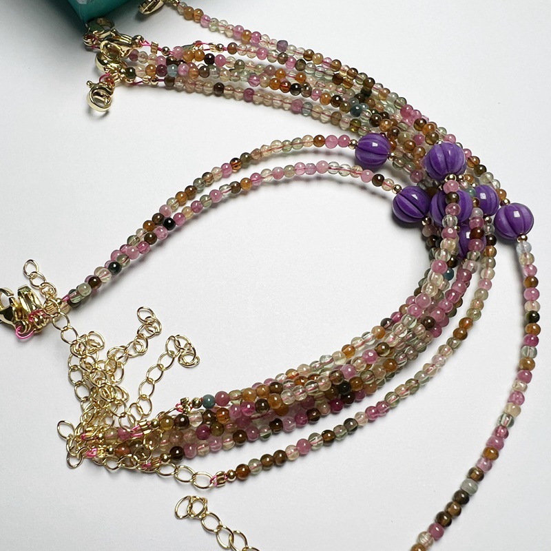 老矿料碧玺手链 搭配紫云母南瓜珠 配饰保色 延长链可调节长短