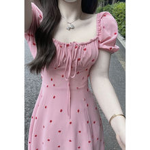 刺绣方领系带泡泡袖连衣裙女夏季2024新款甜美收腰显瘦中长款裙子