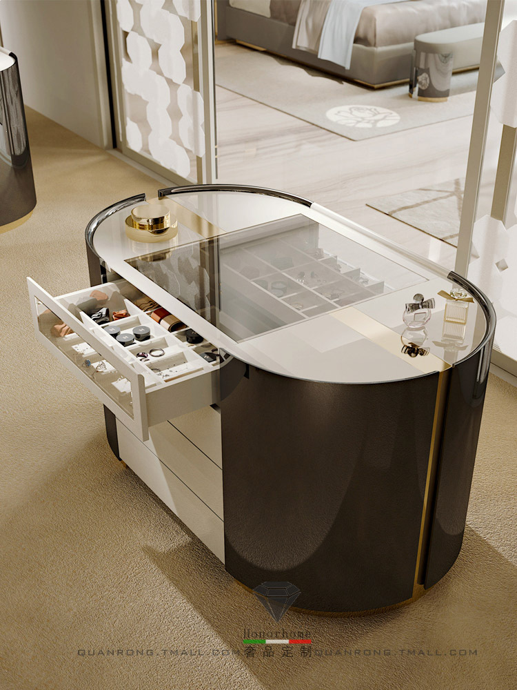 衣帽间中岛柜轻奢 意大利成品岛台 椭圆形首饰柜烤漆现代玻璃中倒