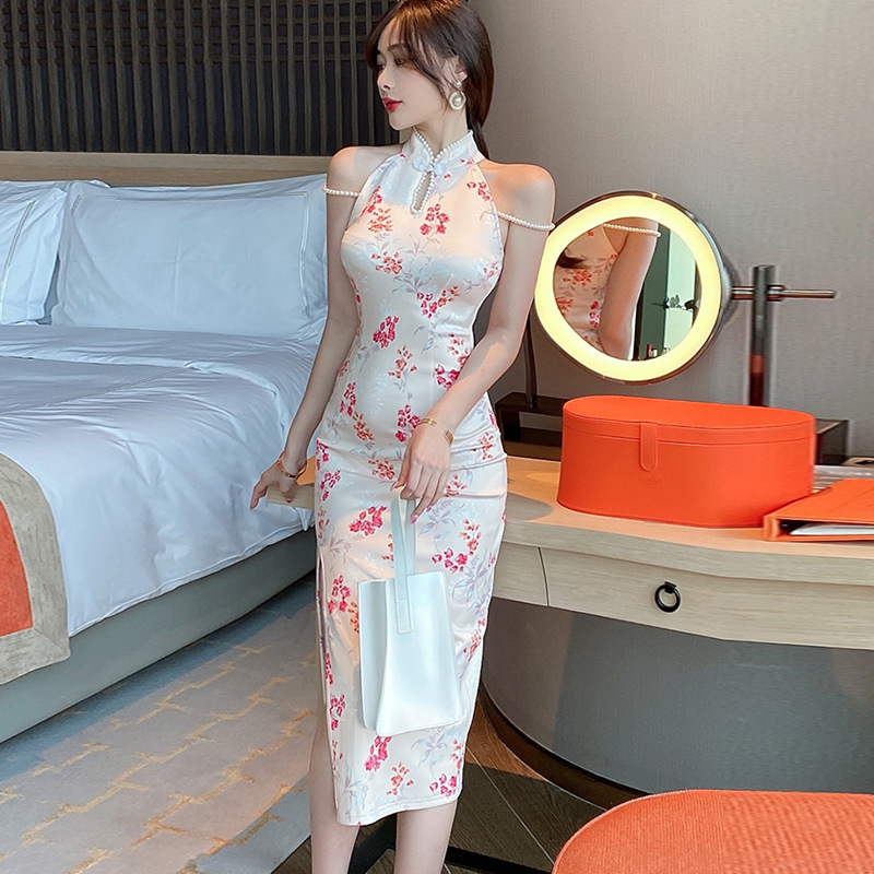 温柔风性感优雅淑女挂脖露肩花色旗袍裙高腰显瘦开叉中长款连衣裙