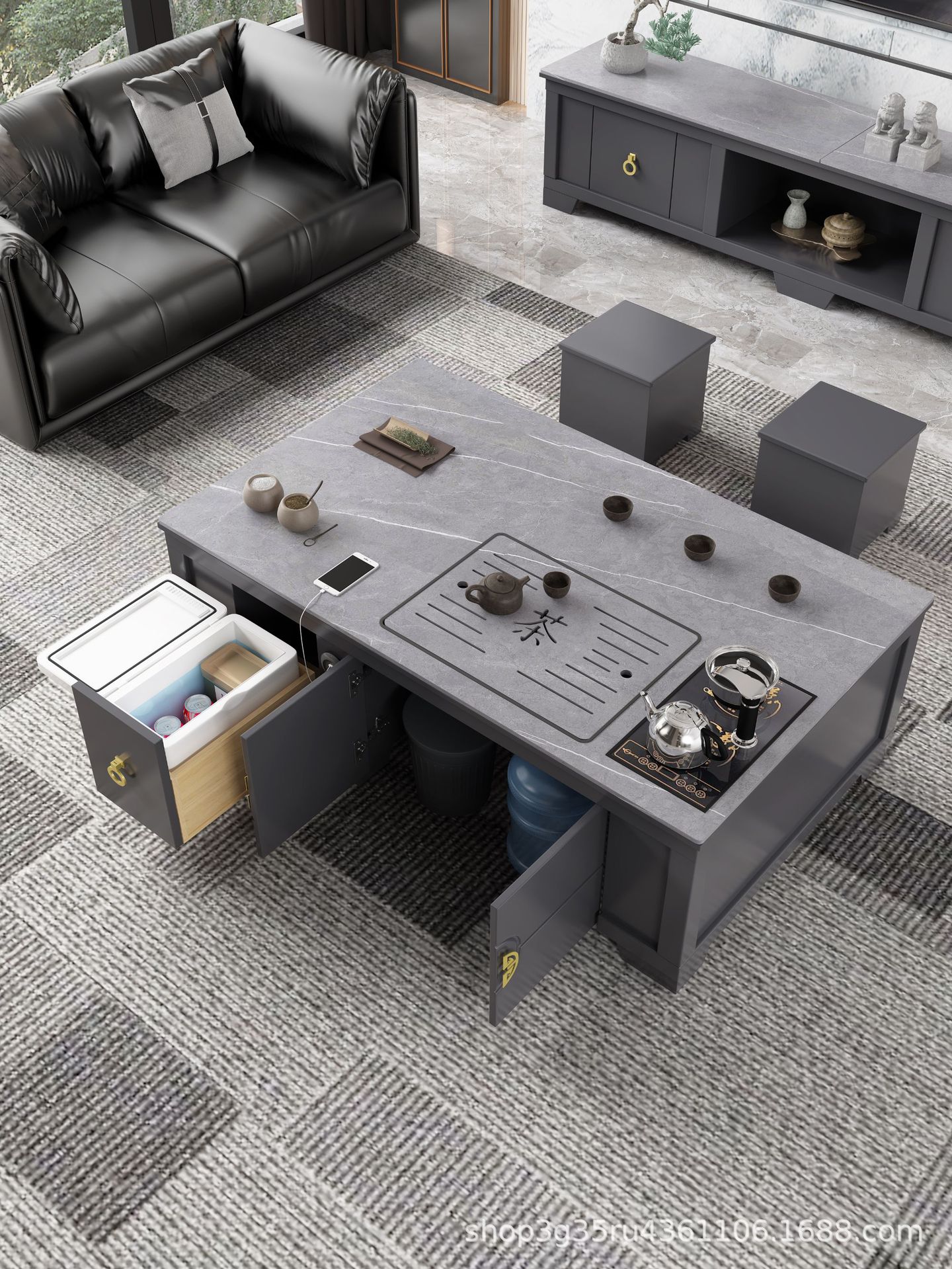 客厅家用功夫茶几桌带烧水壶一体式现代简约办公室泡茶台岩板茶桌